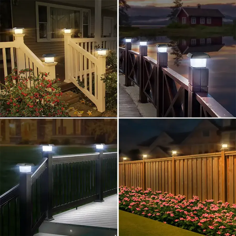 Solar post cap lights glowing on fence and deck posts at night