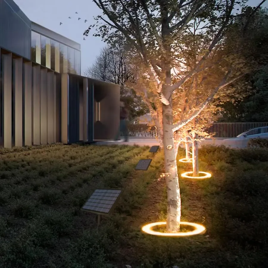 Oasis solar uplights illuminating ornamental trees beside a modern house at night